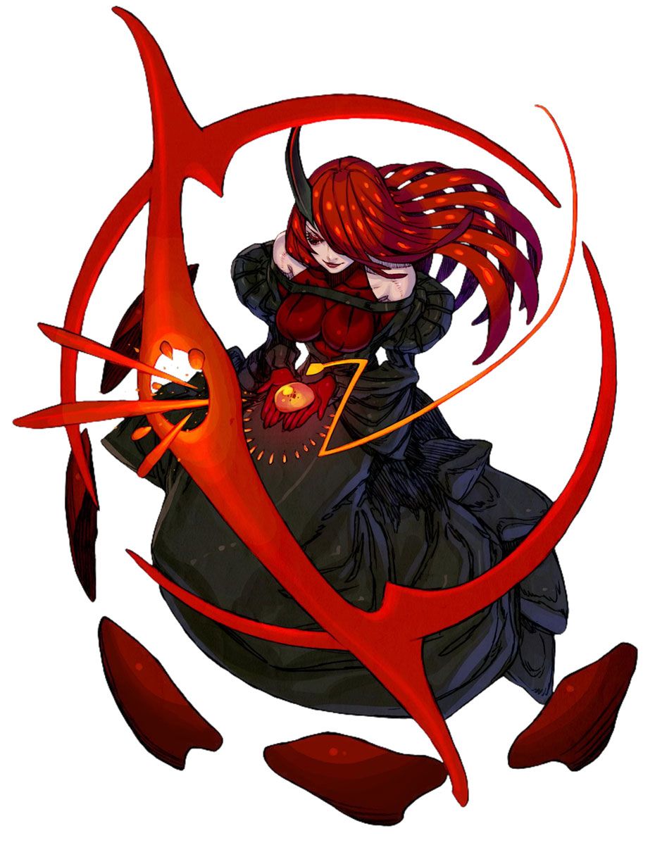 a female character with long red hair and horns is depicted in a dynamic action pose against a white background. she wears a black and red dress with a plunging neckline and her body is partially bound by red wraps.  she holds one hand outstretched, summoning a fiery, abstract symbol. the style is reminiscent of dark fantasy or gothic art.