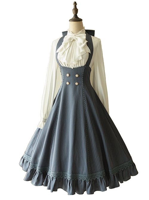 a fulllength image of a stylish blue dress in a vintage victorian fashion. the dress is a dark blue with a white top and a large flowing skirt.