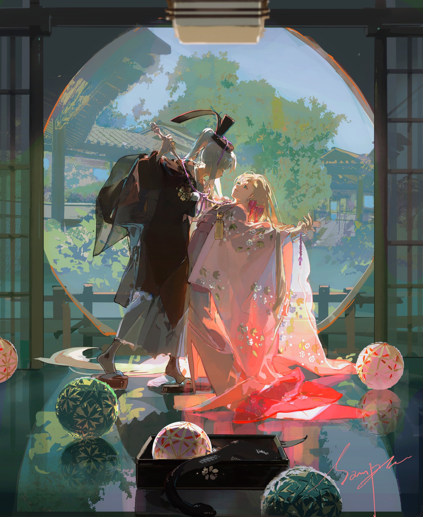 the image is an illustration of two women in traditional japanese clothing, one in red and pink and the other in a darker brown.  the women are standing in a doorway, with a large round window behind them.  there are  flowers,  objects, and  decorations on the floor, some of which reflect in the window, which creates a round, circular effect.  the artwork is a beautiful representation of traditional japanese style.
