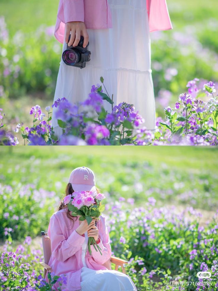 the image is a diptych, showing a young woman in two different scenes amidst a field of purple flowers.  in the top half, she's wearing a pink shirt and white skirt, holding a camera.  in the bottom half, she's wearing a pink shirt and baseball cap, concealing her face behind a bouquet of pink roses while sitting in a chair. both scenes evoke a feeling of serenity and beauty in nature. the overall aesthetic is soft, feminine, and visually appealing.
