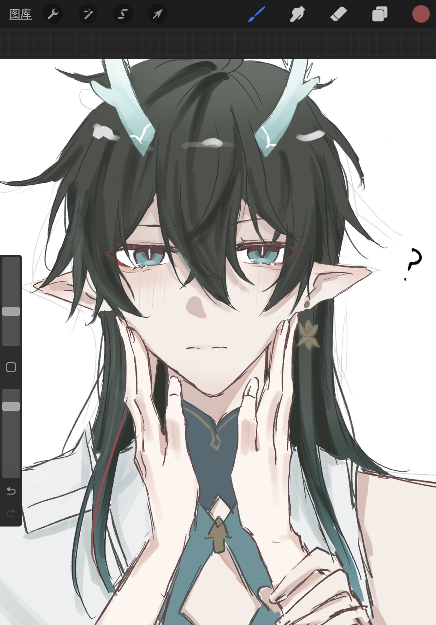 an anime style drawing of a young man with long black hair, blue eyes, and deer antlers. he is wearing a white shirt with a blue collar and has a flower earring in his left ear. he is holding his hands to his cheeks and looking confused with a question mark above his head. the drawing is in a sketchy style with soft colors.