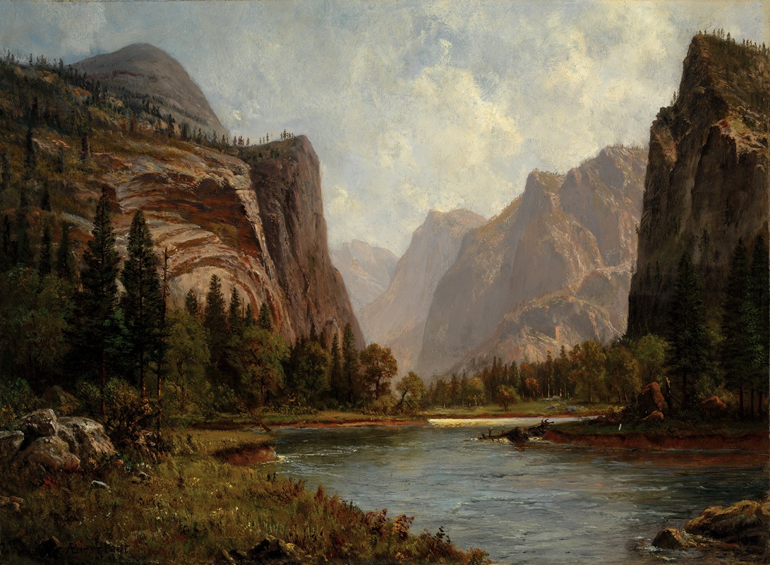 a painting depicting a vast landscape with a river flowing through a valley surrounded by towering mountains and cliffs. lush green trees and forests cover the foreground and base of the mountains. the sky is partly cloudy, casting light and shadows across the scene. the overall atmosphere is one of serene natural beauty and grandeur. the style is reminiscent of the hudson river school, and the artist's name is albert bierstadt. the painting captures a view of yosemite valley in the 19th century.