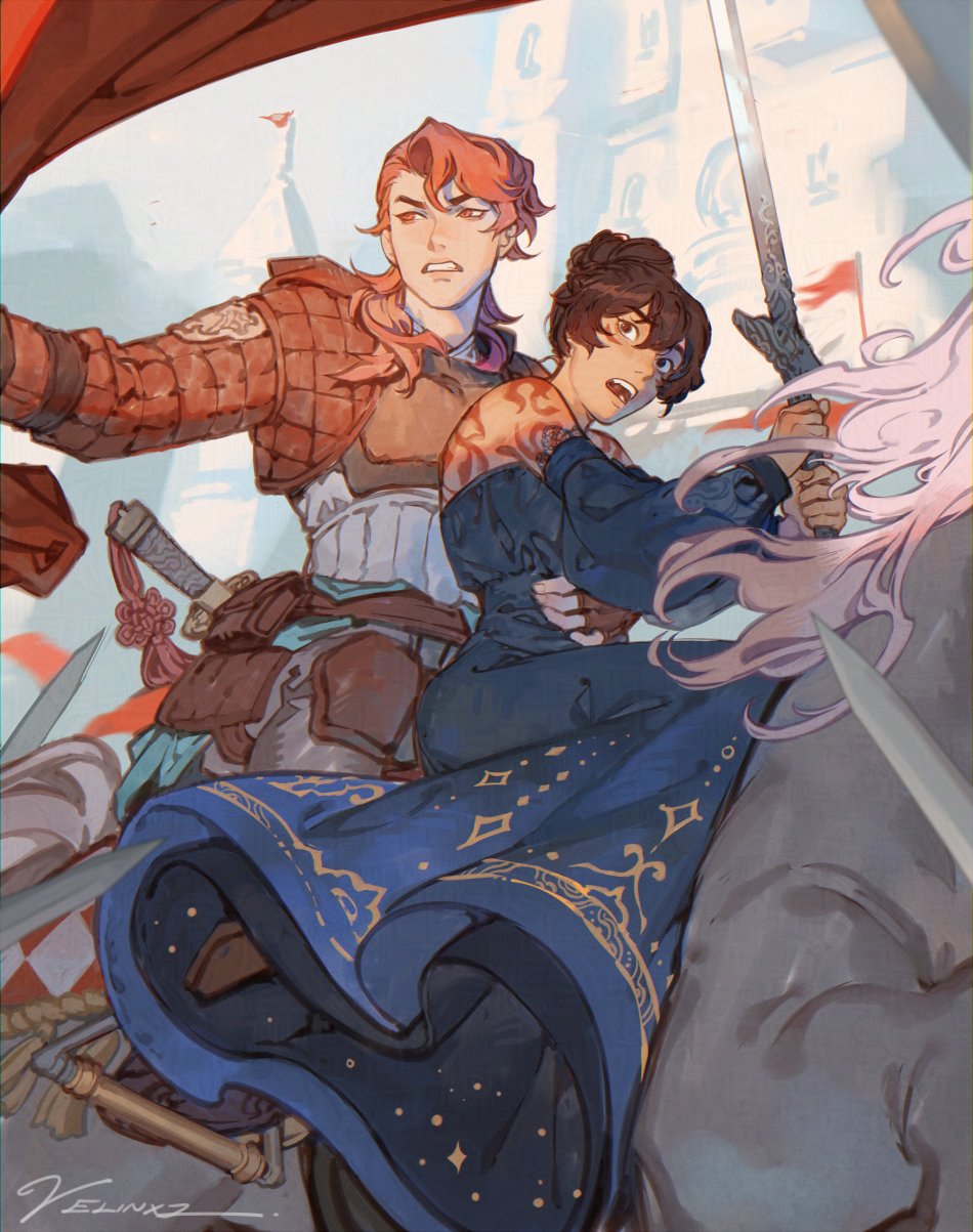digital artwork depicting two characters on horseback in what appears to be a battle or dangerous situation. the character in the front, a woman in a dark blue dress with gold embellishments, holds a sword and has an expression of fear or concern. behind her, a man with red hair and wearing armor looks determined and is also wielding a sword. they appear to be in a medieval or fantasy setting, surrounded by other swords and flags, suggesting a battle or conflict.