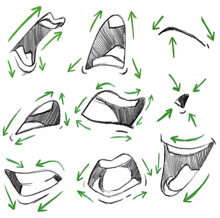 the image is a drawing tutorial showing various expressions of cartoon/anime mouths.  multiple examples of mouths are presented, each with green arrows indicating the direction of muscle movement and the implied expression (anger, surprise, shouting, etc.). the style is loose and sketchy, typical of a quick tutorial or concept art.  the tutorial focuses on the shape and form of the mouth to convey different emotions in a stylized way.