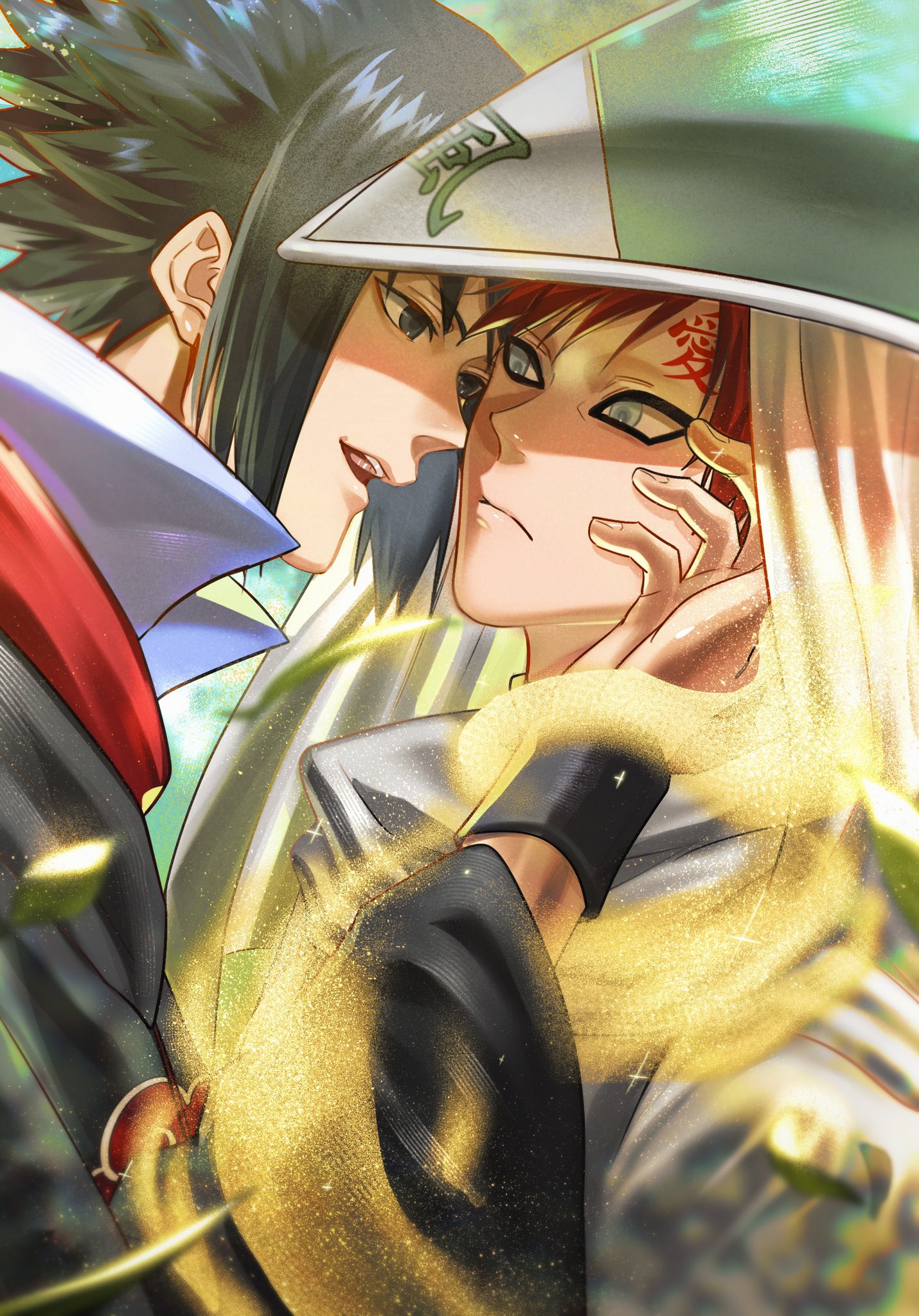 a digital fanart depicts a closeup, intimate embrace between two animestyle male characters.  the character on the left, with dark hair and a hint of red in his clothing, gently holds the face of the character on the right. the character on the right has red hair peeking out from under a lightcolored head covering and possesses fair skin. golden glitter or sandlike particles swirl around them, adding a magical or ethereal quality to the scene. the overall style is reminiscent of japanese manga or anime art, specifically suggestive of the naruto series, with the characters potentially inspired by sasuke uchiha and gaara. the image strongly conveys a romantic or passionate connection between the two characters.
