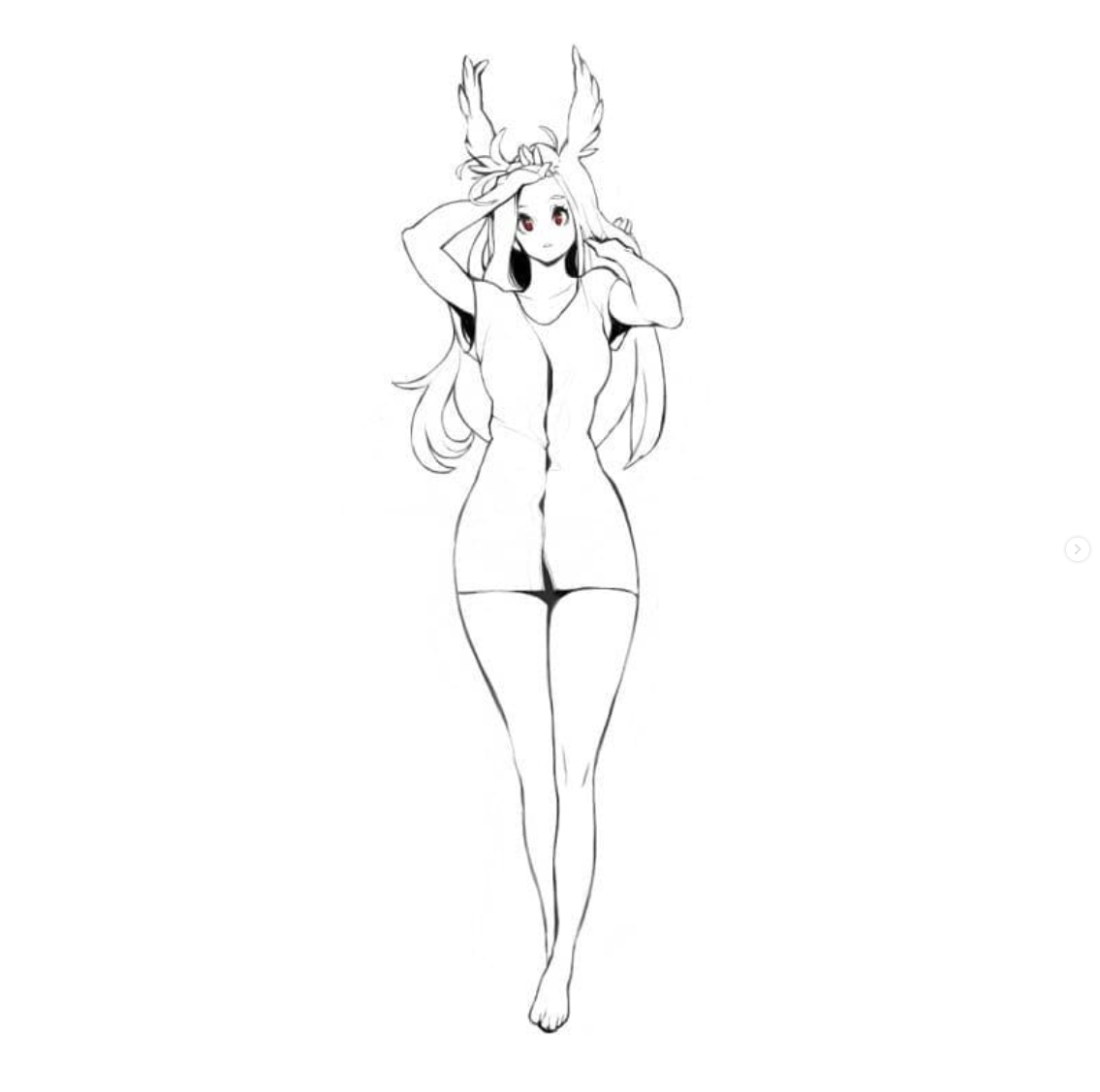 the image is a black and white sketch of a young woman with long flowing hair, stylized wings protruding from her head that resemble antlers, and an hourglass figure. she is posing with her hands on her head, accentuating her curves. the style is reminiscent of anime or manga.