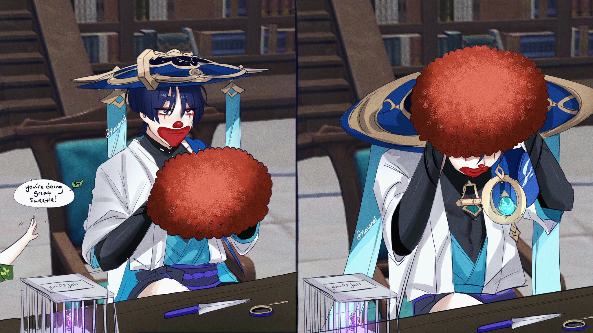 the image is a digital illustration of an anime character, with clown makeup, in a blue and white outfit, and red hair. he is holding a red ball in his arms, and his face is sad. behind him, there is a table with a cage, scissors, and a bookshelf. the character is drawn in a cartoon style, with exaggerated features. the background is blurred and has shelves of books. this is an illustration of an anime character with clown makeup, which is a popular theme in anime and manga.