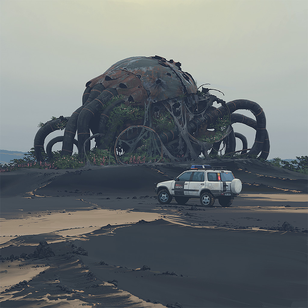 a white car with police markings sits in front of the remains of a giant, fleshy, monstrous creature, likely an alien being.  the creature has eight tentacles and sits on a desertlike planet.