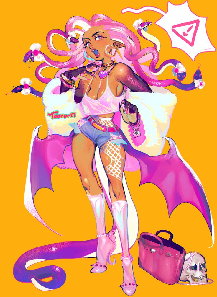 a digital illustration of a cartoon anime girl with long pink hair, snake hair, a white and pink fur jacket, pink boots, blue jean shorts, and pink wings. the girl is standing on a yellow background with a pink handbag and skull on the ground.