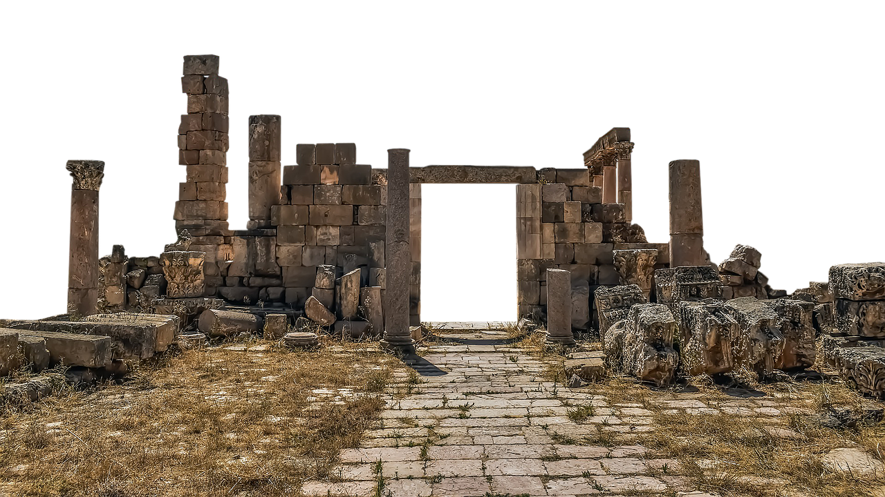 the image shows the ruins of an ancient stone structure, possibly an archaeological site in jerash. there are remnants of columns, walls constructed from large stone blocks, and a doorway leading into darkness. the foreground is covered with dry grass and paving stones. the sky is black.