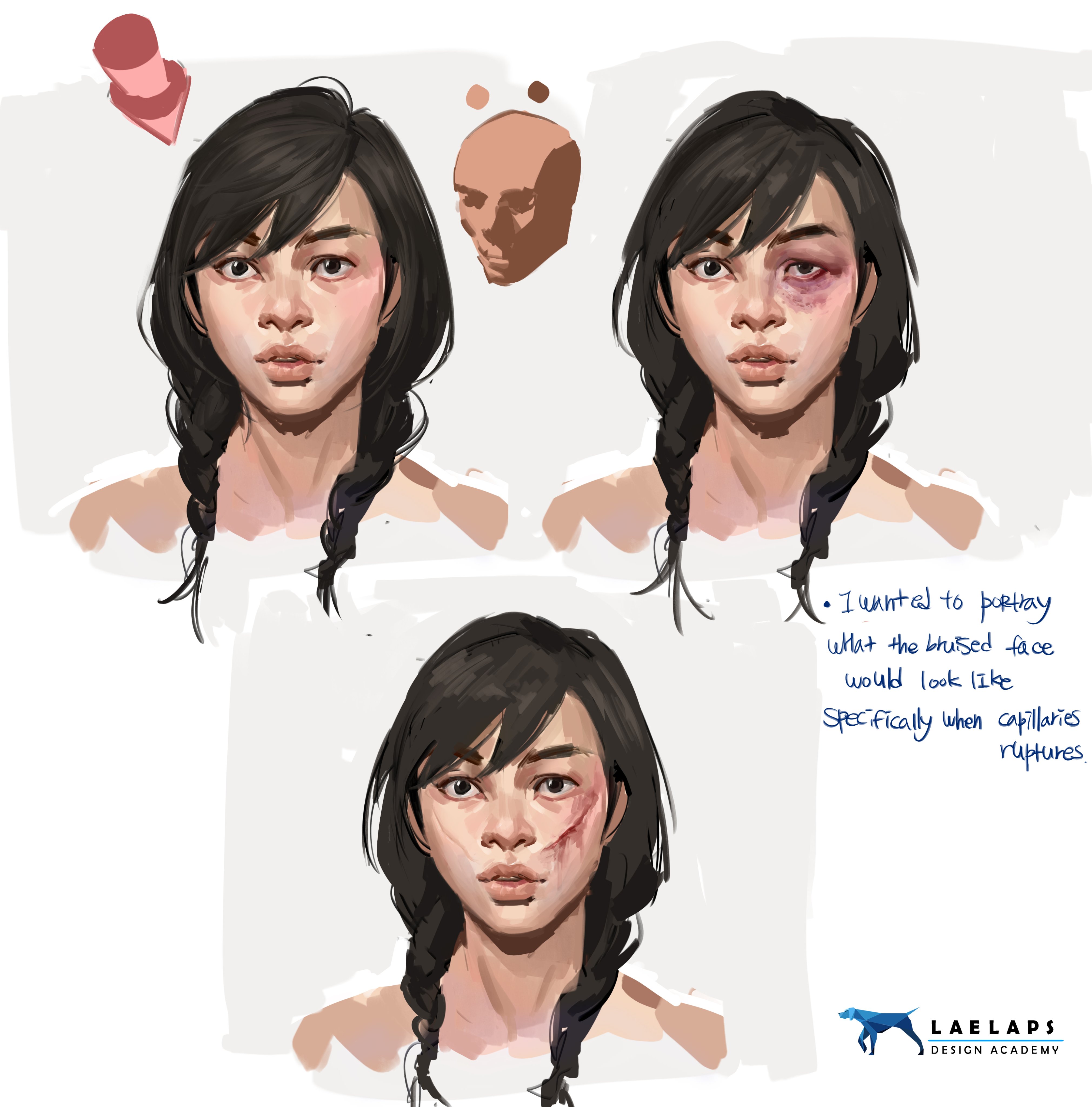 the image showcases a digital painting process demonstrating how a bruised face might appear, specifically focusing on the effect of capillary rupture.  it presents four stages: a base portrait, then a progression through different levels of bruising and injury detail. the artist's notes explain the intent: to accurately depict what a bruised face would look like when capillaries rupture.  the final image includes a logo for laelaps design academy, suggesting it may be student work or an example from the academy.  the style is realistic, with attention to detail in skin tones, hair texture, and the nuances of the injury itself.  various sketches and color studies are also visible, showing the artist's development process.
