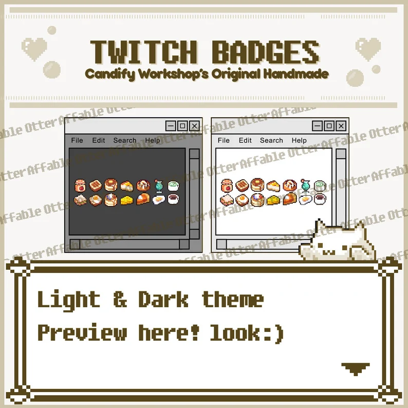 a digital image showcasing twitch badges with a pixel art theme. the badges feature various food and dessert items in a cute and stylized design. the image highlights the availability of both light and dark theme options for the badges, with a preview presented in a simulated window interface.