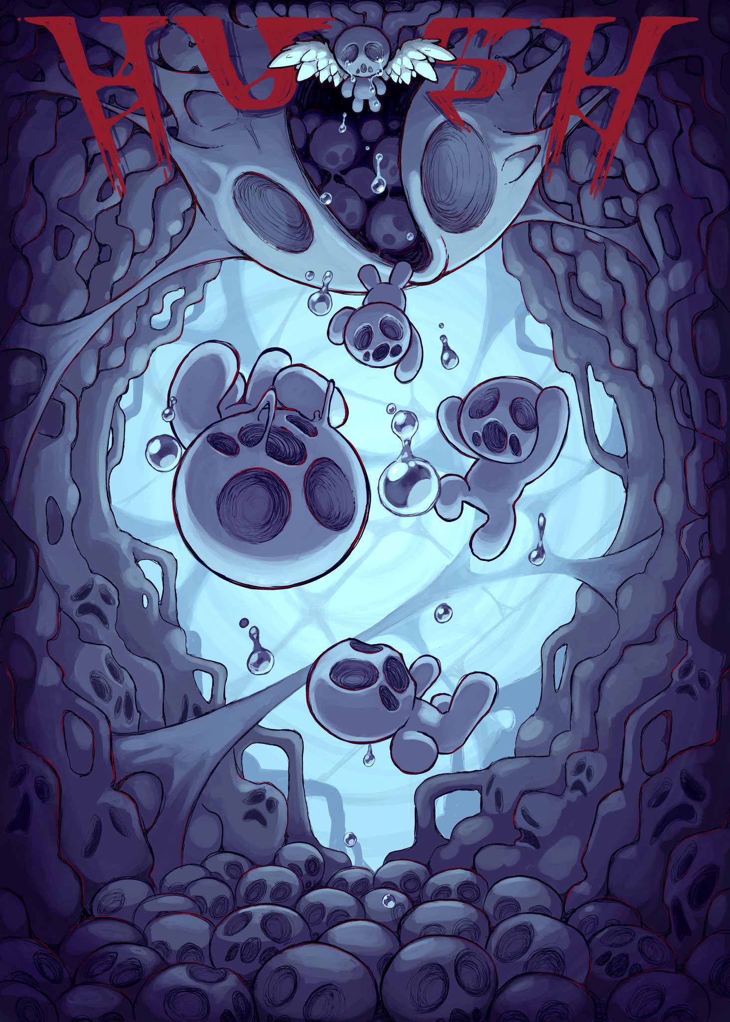 this is a dark, horror, and creepy fan art. inside a cave, there are many dead creatures on the ground and many are still hanging from the ceiling. there is a giant creature on top of the image, seemingly the origin of all the small creatures.