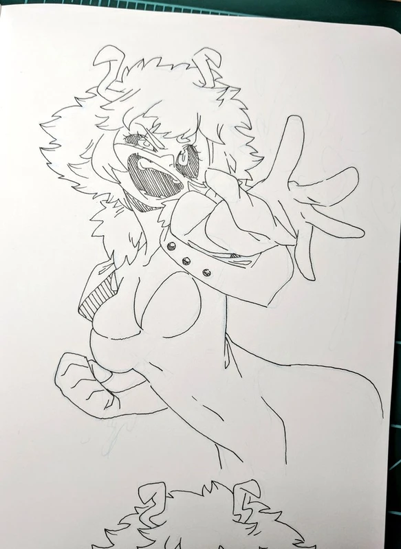 a black and white line art drawing of an anime character. the character is a young woman with short hair and a dynamic pose, one arm stretched out and the other bent at the elbow, and appears to be in the middle of some sort of action. her expression is one of determination or excitement, with her eyes wide and her mouth slightly open. she is wearing a costume that includes a large collar and a belt with large buttons. the drawing is done in a simple style, using only black lines on a white background. it appears to be a sketch or outline for a more detailed drawing.