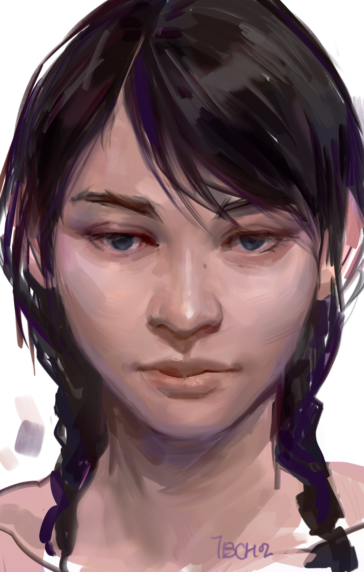 the image is a digital painting of a young asian woman's portrait.  she has dark hair styled in two braids, with bangs that partially cover her forehead.  her expression is serious and somewhat pensive, with soft, subtle features. the lighting in the painting is gentle and diffused, creating a soft overall feel. the style is realistic but with a painterly, slightly impressionistic quality to the brushstrokes, giving a soft focus feel in certain areas. the painting is a closeup, focusing mainly on her face and upper torso. the artist's signature is subtly placed near the bottom.