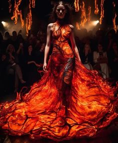 a woman in a fiery red dress with flamelike designs is posed dramatically on a stage, surrounded by people in the background. the dress has a dramatic flow and creates a sense of movement and energy. the overall effect is surreal and ethereal, with the woman appearing to be a part of the flames themselves. the image is a captivating mix of art, fashion, and performance.