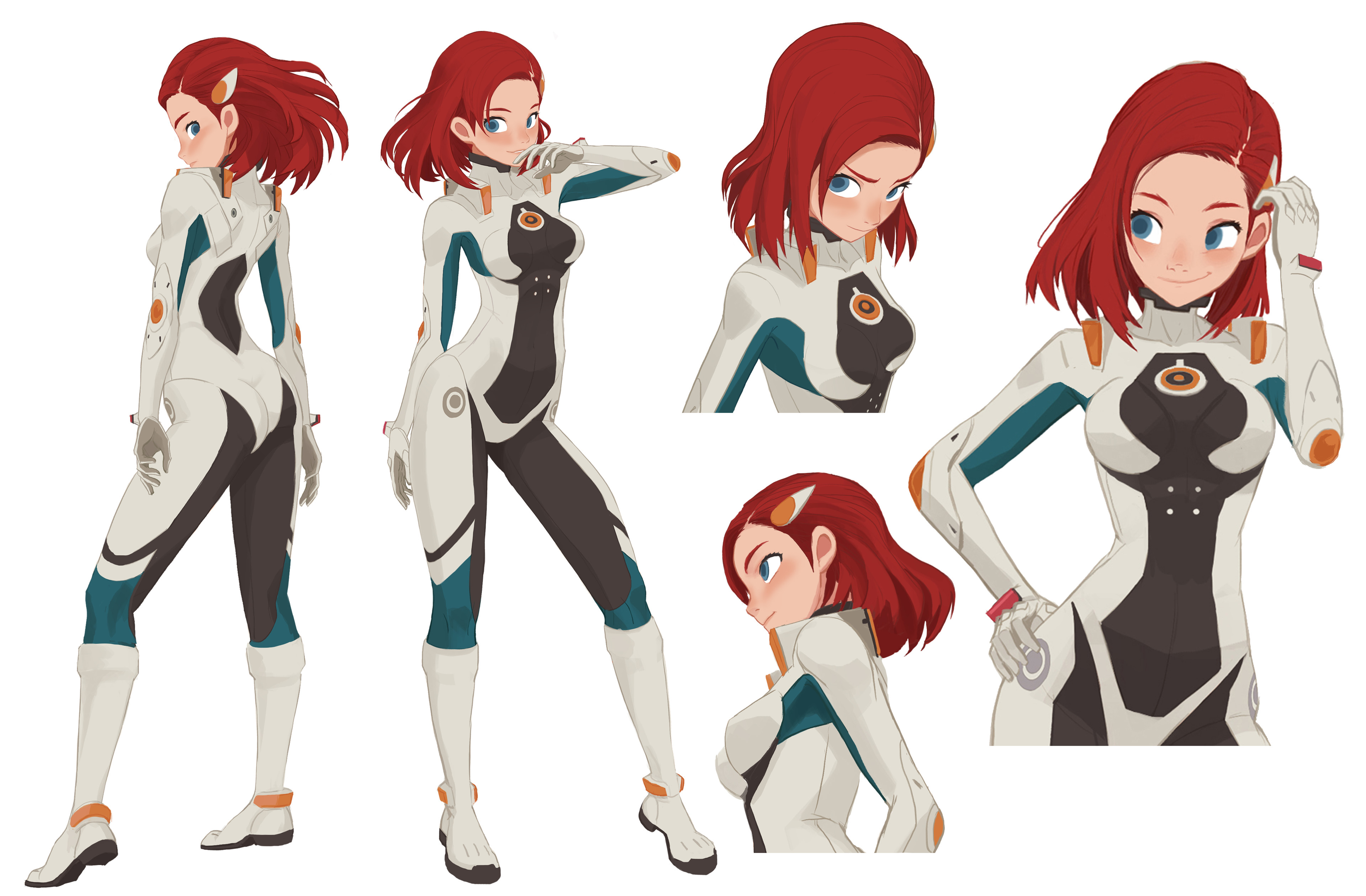 a character sheet of a female character with short red hair wearing a white, teal, and orange jumpsuit, likely a pilot suit. the poses showcase her from multiple angles, revealing different aspects of her attire and physique. the art style suggests influence from anime and manga, hinting at a potential science fiction setting.
