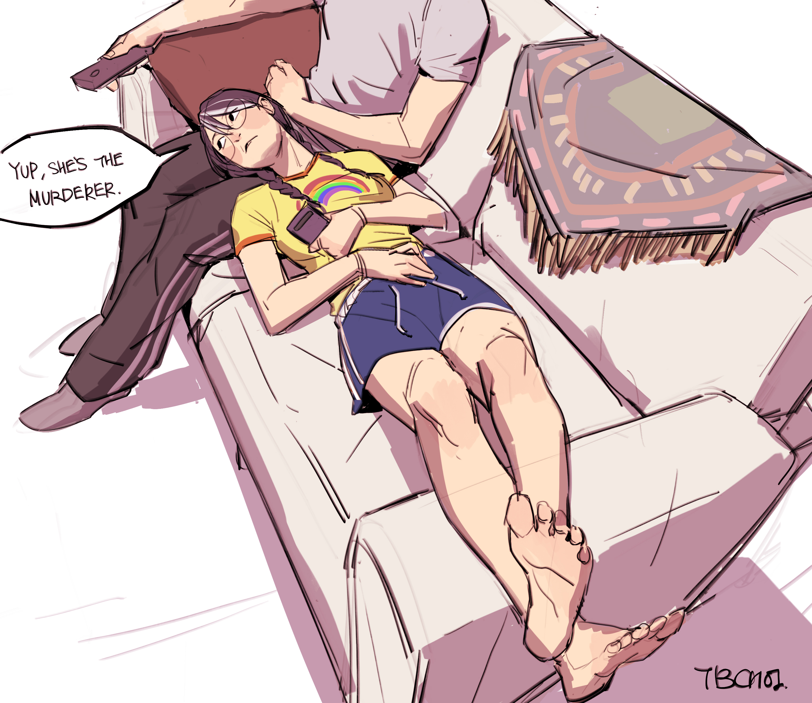 the illustration depicts a lighthearted and humorous scene. a young woman with purple hair, wearing a yellow shirt and blue shorts, lies relaxed on a couch with her bare feet visible.  a man is sitting behind her, his arm resting around her, holding a remote. a speech bubble above the woman reads "yup, she's the murderer," adding a playful, ironic twist to the otherwise cozy setting. the overall style is loose and sketchy, reminiscent of a comic or webtoon. the color palette is muted and pastellike, contributing to the overall relaxing atmosphere. the scene also includes a patterned throw blanket on the couch.