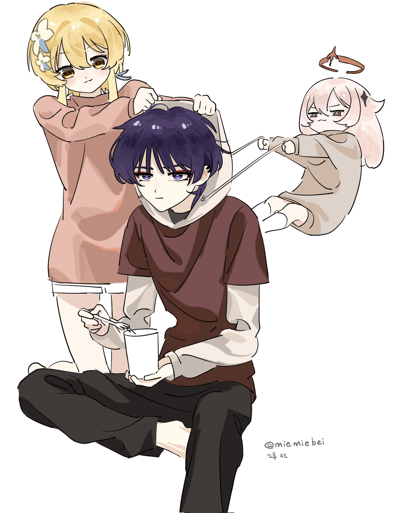 the image shows three anime characters. a young girl in pink clothing with blonde hair and a flower in her hair is pulling on the hood of a boy with purple hair. the boy is sitting on the ground with a cup in his hand. in the background, another girl with a halo and pink hair is also pulling on the hood of the boy.