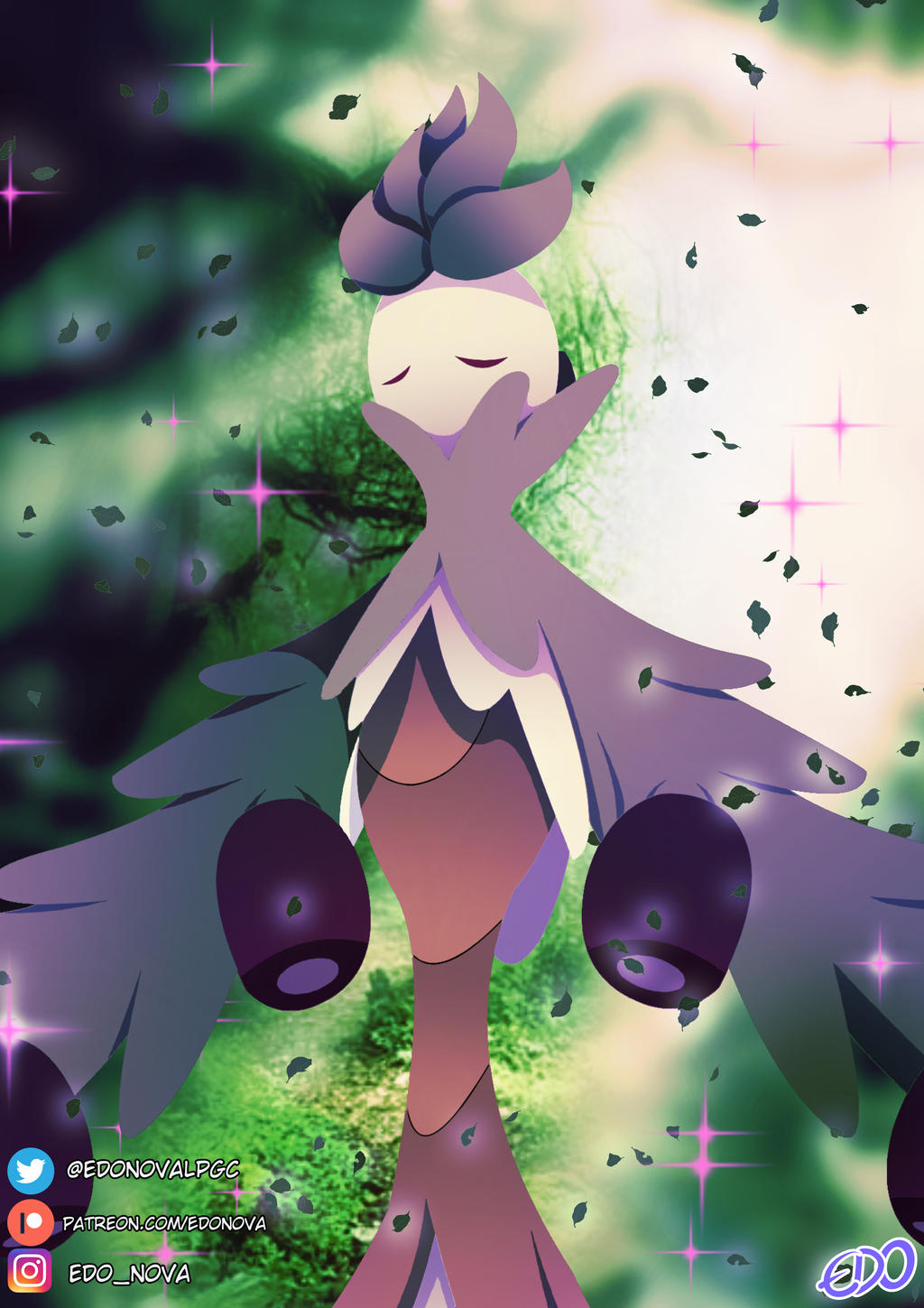 he image is a digital fanart illustration of a mystical creature.  the creature appears feminine and has a humanoid form with large purple wings and a head resembling a stylized flower or plant. its body is primarily purple and pink, with dark purple accents.  the character has its face partially obscured by its hands, giving a sense of serenity or contemplation. it's set against a backdrop of a green forest with glowing particles and sparkles floating around it, suggesting a magical or otherworldly atmosphere. the artist's social media handles are included in the lower left corner. the style is reminiscent of anime or manga, with smooth lines and soft colors. the overall mood is peaceful and dreamy.