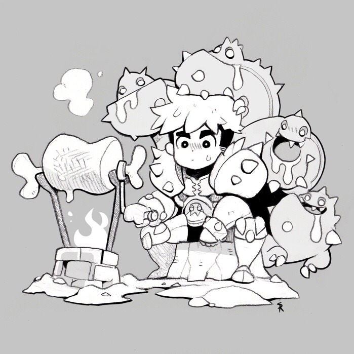 a young, tiredlooking character in armor sits in front of a burning forge with a leg of meat on a spit. he is surrounded by smiling slime creatures.  the image is black and white.