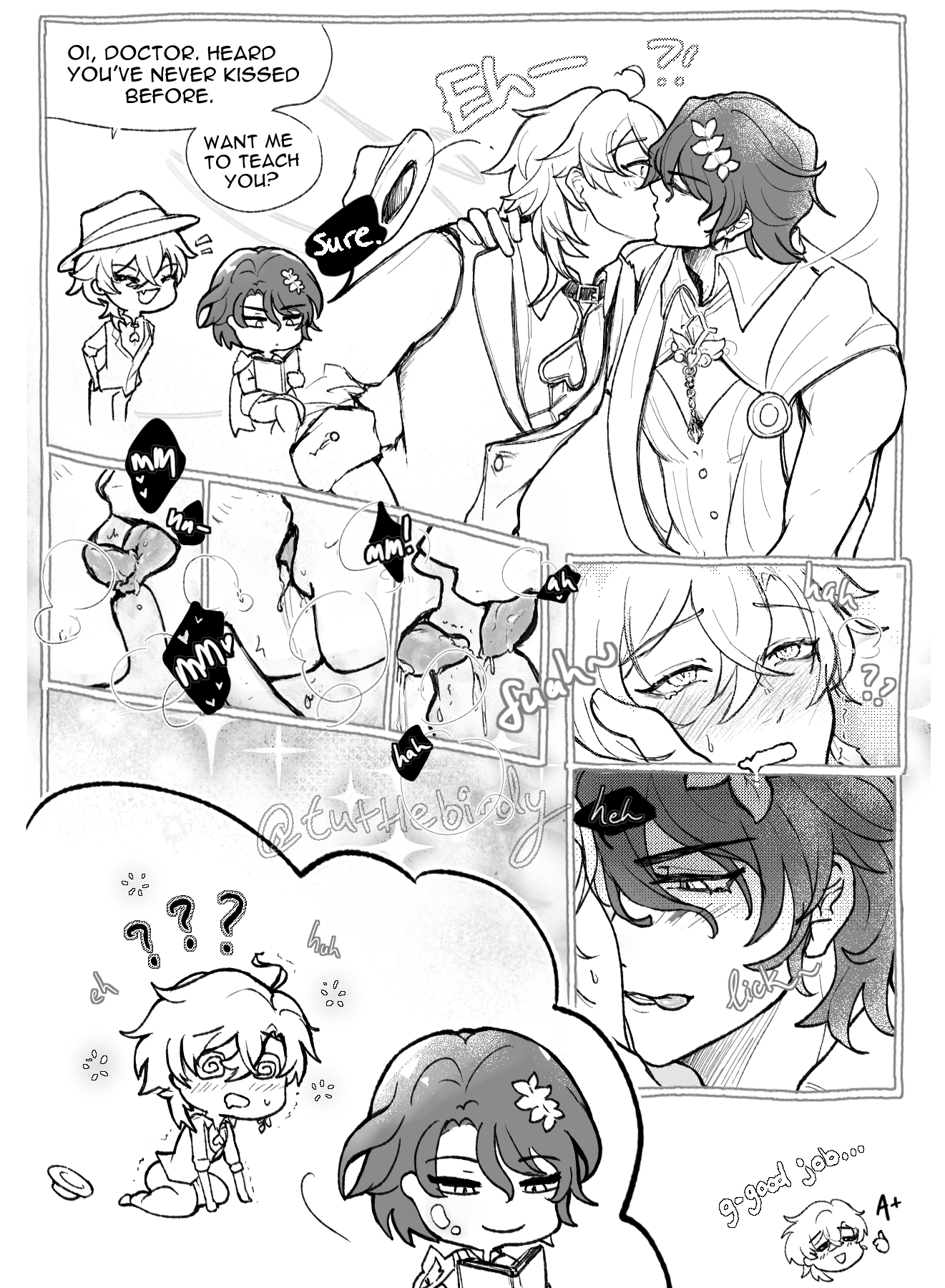 he image is a yaoi mangastyle comic strip depicting a romantic and playful relationship between two male characters.  the comic starts with one character offering to teach the other how to kiss, leading into a series of panels showing their kissing and reactions, interspersed with chibistyle depictions of the characters and their expressions. the art style is light and expressive, utilizing various panel sizes and styles to emphasize the mood and action. the overall tone is lighthearted and romantic, with suggestive elements typical of the yaoi genre. the comic includes text expressing emotions and thoughts of the characters.