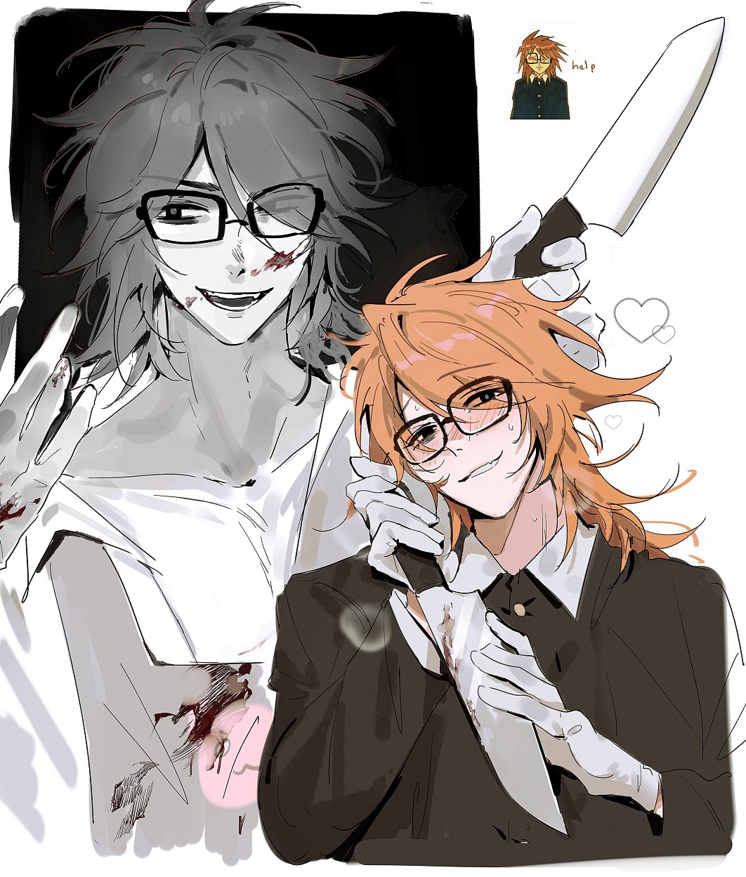 an anime style illustration of two male characters with knives. the character on the left is in a white shirt, and the character on the right is wearing a black suit. both characters are smiling, and both have blood on their hands. the background of the illustration is black.