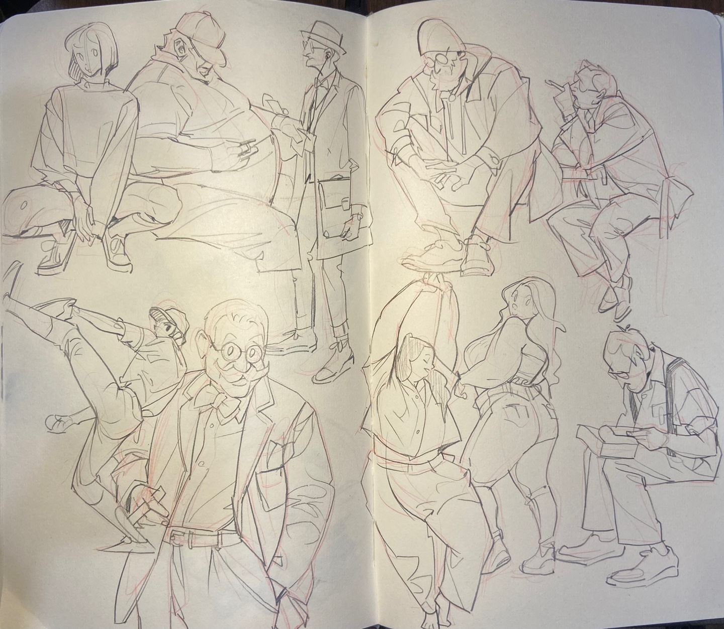 the image shows two pages from a sketchbook filled with gesture drawings of various people in different poses. most of them are sketched with a red pen, while some are in black pen. the subjects are depicted in a variety of clothing styles and activities, showcasing a sense of movement and life.  the sketches demonstrate a keen observation of human anatomy and gesture, capturing the essence of each pose.