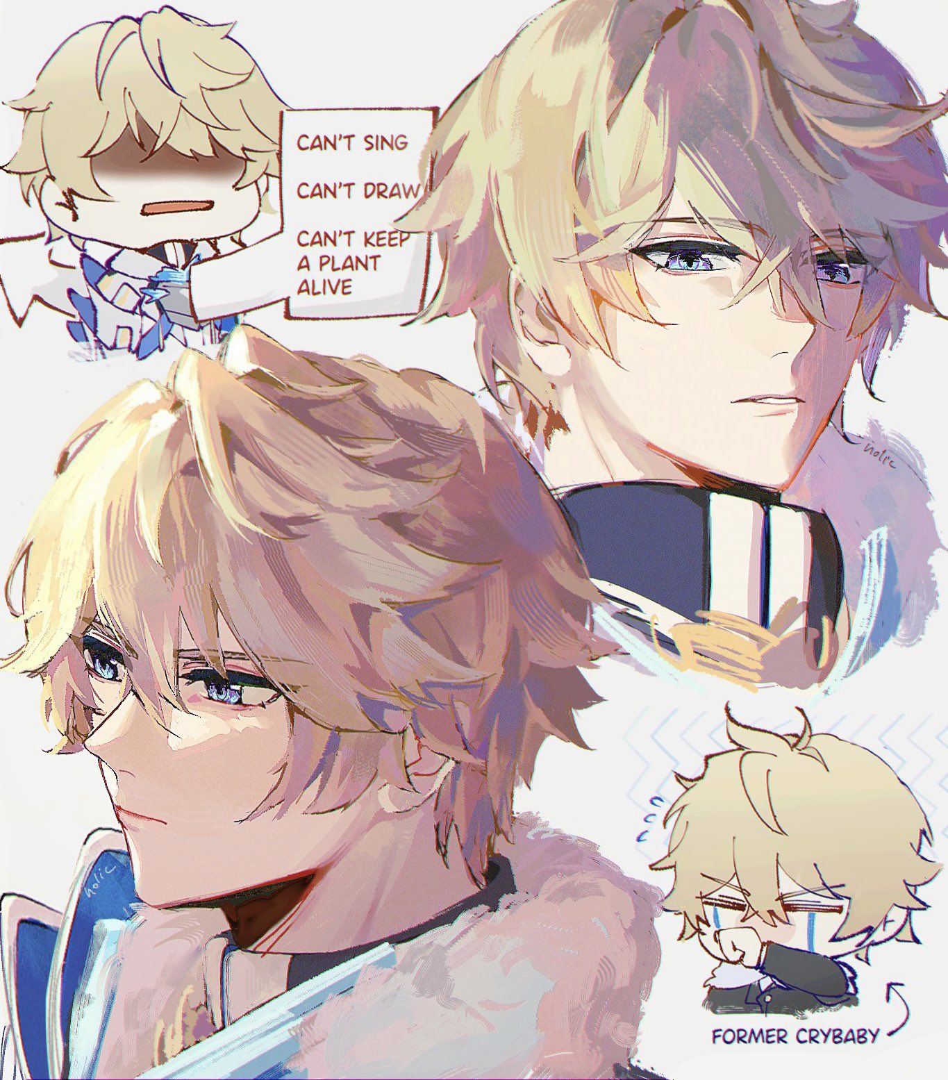 the image contains fanart of albedo from genshin impact. there are four separate images of him: a chibi version holding a sign that says "can't sing, can't draw, can't keep a plant alive", a closeup of his face looking serious, a side profile, and another chibi version with tears and the words "former crybaby".