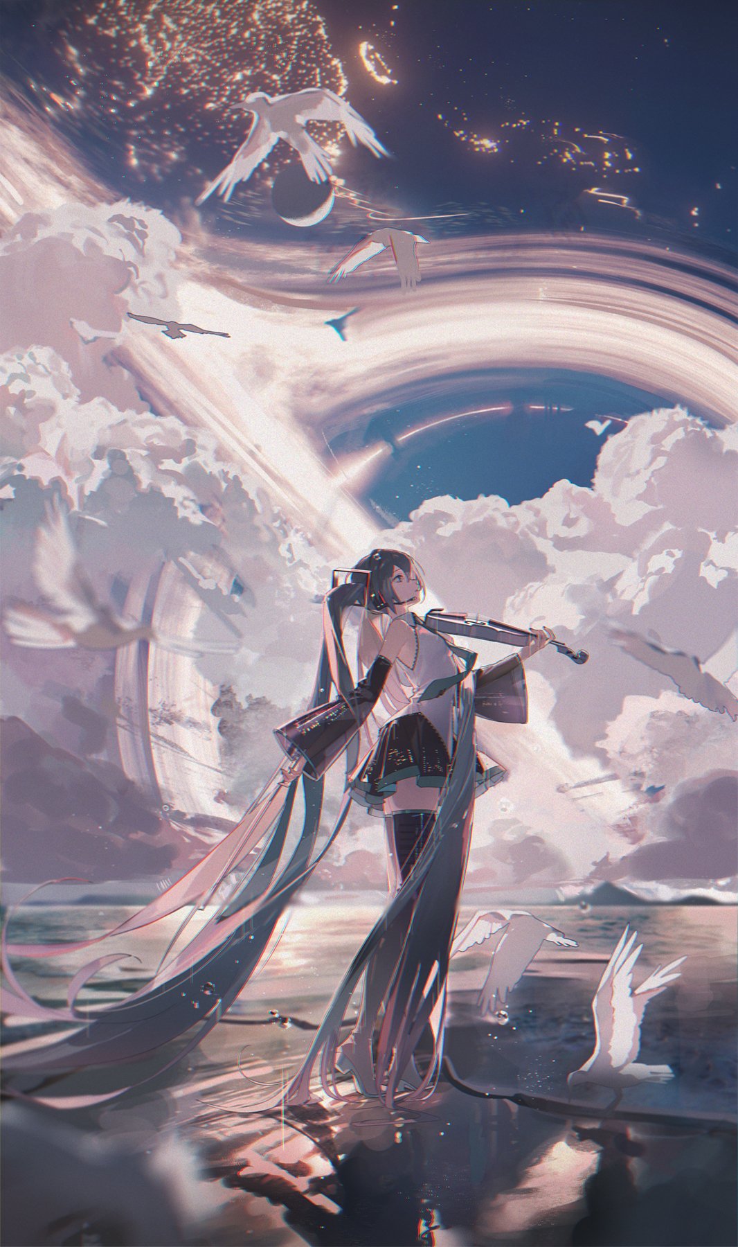 an anime girl with long, flowing hair and a dress is playing the violin in a surreal landscape. she is standing in shallow water with a reflection of the sky and cosmic elements. there are white birds flying around her. the sky is filled with clouds, stars, city lights, and cosmic rings. the overall atmosphere is dreamy and ethereal.