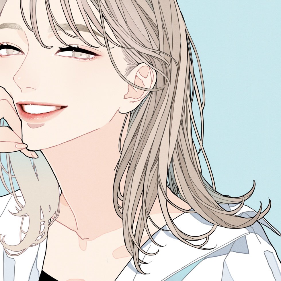 an animestyle portrait of a smiling woman with light hair. she's wearing a white shirt with a collar, and her hand is near her face. the background is light blue. the image is in a manga style with semirealistic features.