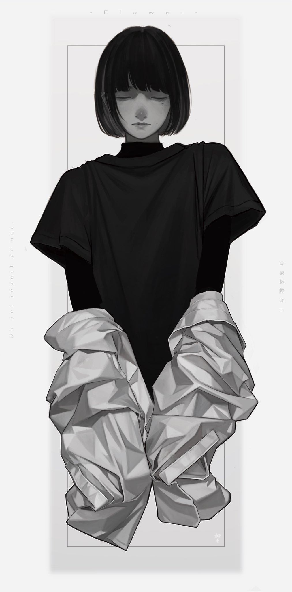 he image is a monochrome digital illustration of an anime girl. she has short, blunt black hair and is wearing a black tshirt. she is holding a crumpled light gray jacket in front of her, the sleeves draped around her arms. the style is minimalist and elegant, with a focus on shading and texture. the overall mood is calm and peaceful. the background is a simple white with a subtle gray border.