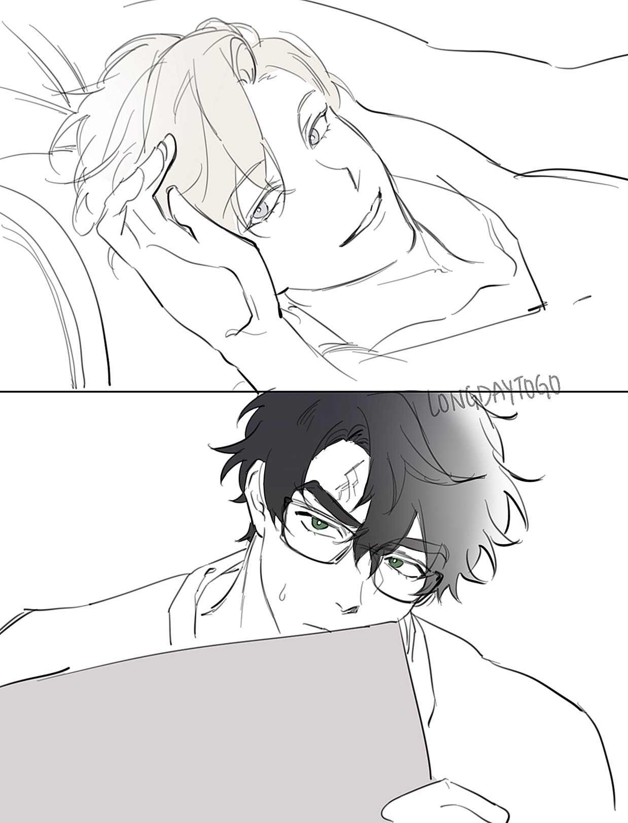 he image is a digital drawing or fanart, likely from an anime or manga. it's divided into two panels. the upper panel shows a lighthaired young man lying down, looking relaxed and possibly happy. the lower panel shows a darkhaired young man with glasses, looking down at something, perhaps a book or a tablet. the style is very clean and simple lines, with grayscale tones.  the art conveys a sense of intimacy and a peaceful atmosphere, suggesting a romantic or close relationship between the two characters.