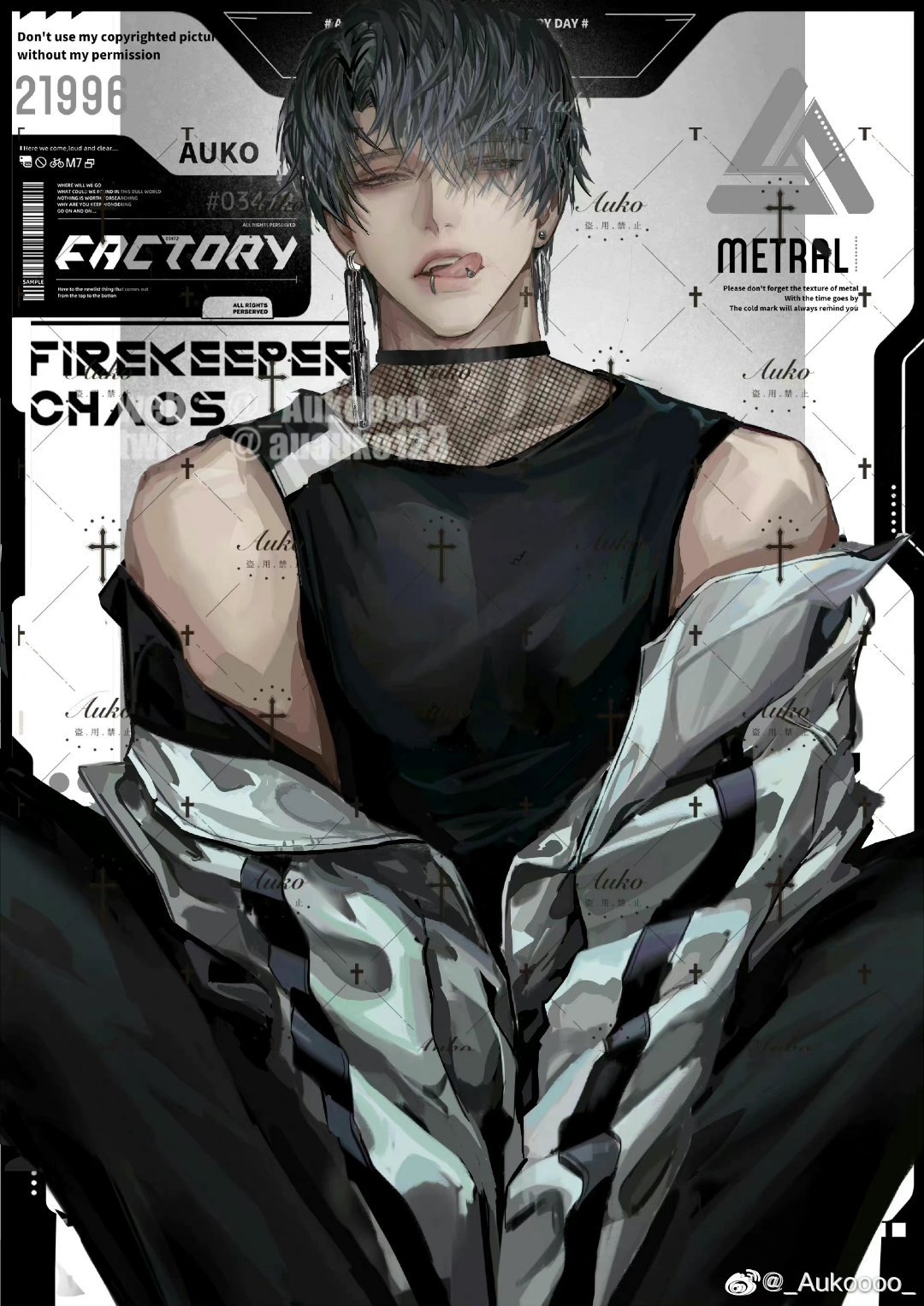 an animestyle illustration of a young man, likely a fictional character, is shown prominently. he exhibits a sleek, stylish appearance with a rebellious edge. the man has captivating gray hair styled with a side part, showcasing a fringe that partially covers his intense, dark eyes. he has a silver tongue piercing, adding to his edgy look. he wears a black sleeveless shirt, revealing his muscular arms, and a stylish oversized camo jacket with black accents. a black mesh top peeks from under his sleeveless shirt, adding a touch of punkrock flair. his expression is cool and aloof, enhanced by a subtle smirk playing on his lips.the background is a monochromatic, textured gray, enhancing the character's presence by providing a minimal, nondistracting backdrop. the illustration utilizes subtle shading and fine lines to emphasize the character's features, particularly his sharp jawline and toned physique. the overall aesthetic is contemporary and cool, with elements of cyberpunk and rebellious youth culture. the text elements scattered around the image suggest a futuristic setting or a fictional character profile.