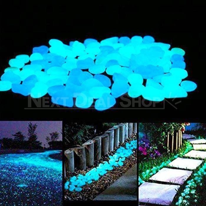 the image shows glowinthedark pebbles used for garden and pathway decoration. the top portion displays a pile of glowing blue pebbles. the bottom section showcases examples of how the pebbles can be used to illuminate a garden path, landscaping, and borders.
