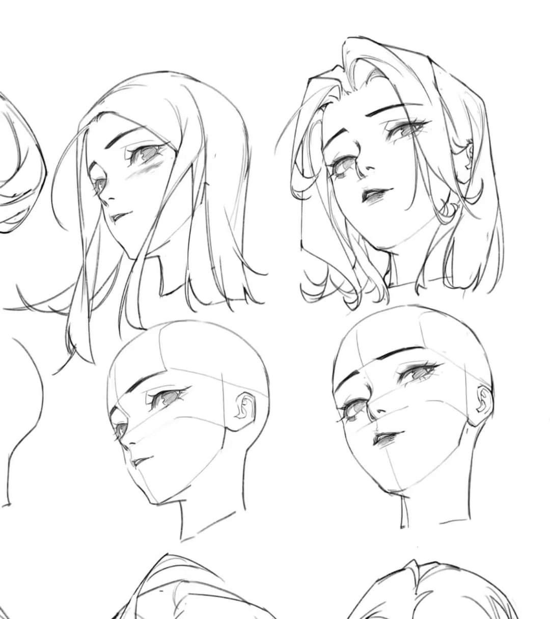 the image consists of several sketches of female faces and heads. it appears to be a tutorial or practice sheet for learning how to draw facial features and proportions. different perspectives and angles are shown, along with some basic construction lines to help understand the underlying structure.