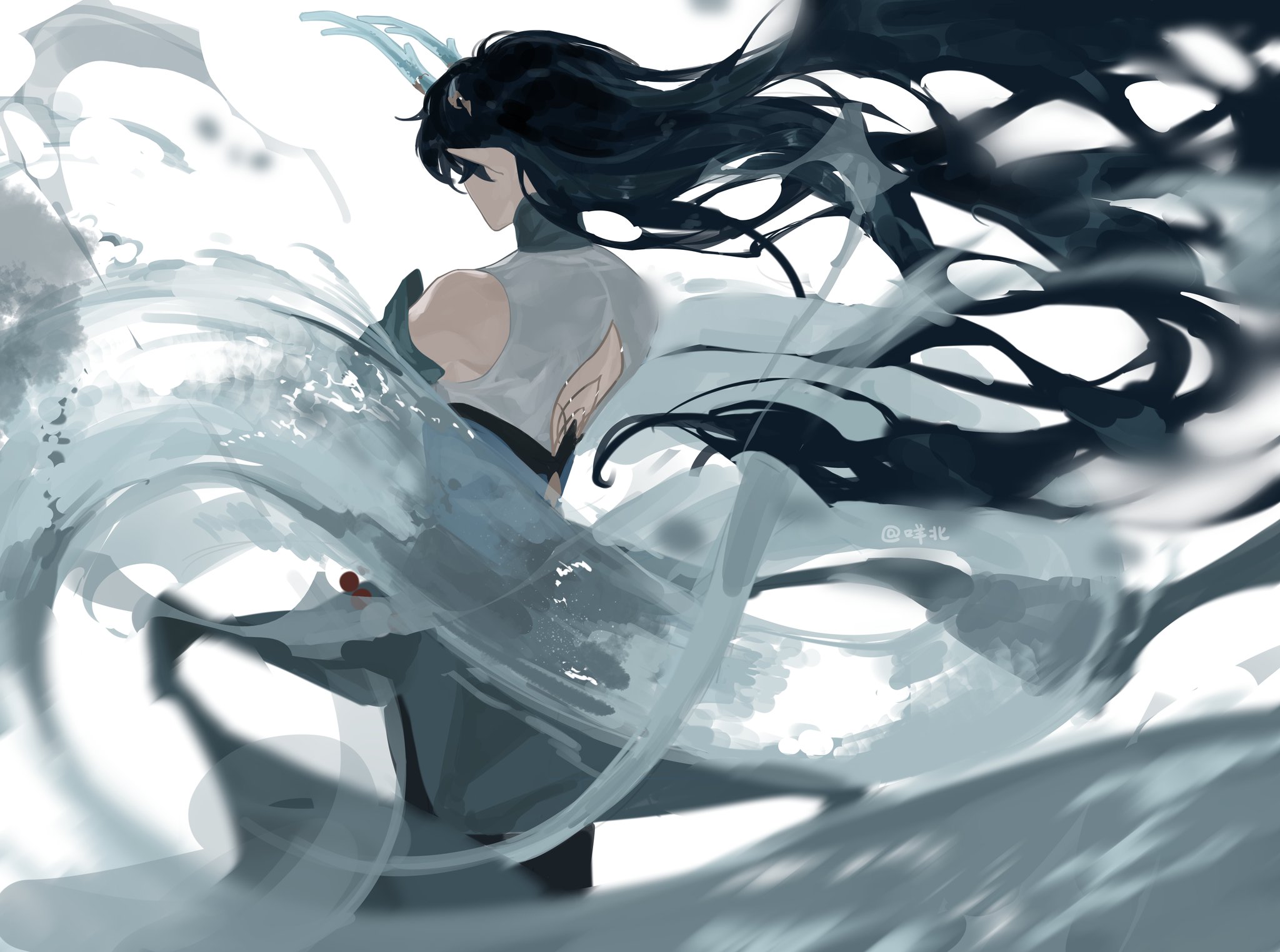 this digital illustration features a beautiful anime girl with long black hair. she is dressed in a white and blue outfit. the background is a swirl of blue and white colors, creating a magical and ethereal atmosphere. the overall tone of the image is elegant and flowing.
