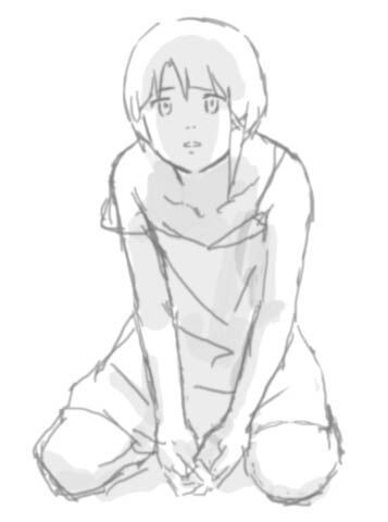 a sketch of a girl in a sitting pose, drawn in a simple, cartoon style. the girl is wearing a loosefitting shirt and has her arms wrapped around her legs.  the drawing is done in black and white, and the lines are light and delicate.