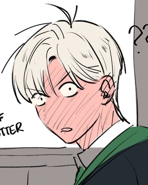 the image is a closeup, stylized drawing of a young man, possibly a teenager, with blond or white hair. he's drawn in an anime/manga style, with exaggerated features. his expression is one of surprised embarrassment or shyness, indicated by wide eyes, blushing cheeks and slightly open mouth. he appears to be wearing a dark green and black school uniform, possibly reminiscent of the slytherin house uniform from harry potter.  the background is minimal, suggesting a corridor or hallway, with a small question mark partially visible.  there's also a partially visible word "itter" which appears to be a fragment of text.  the overall style is light and informal, possibly fan art.