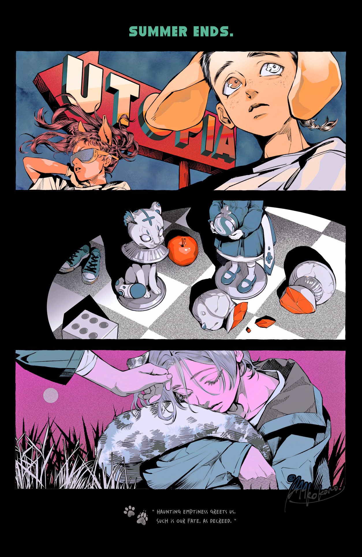 this manga comic strip style illustration features a trio of images representing summer's end, with a melancholy tone, and a final image that shows a young woman in sad repose with a cat. the image is full of symbolism and imagery, suggesting the end of hope and the beginning of a haunting emptiness.