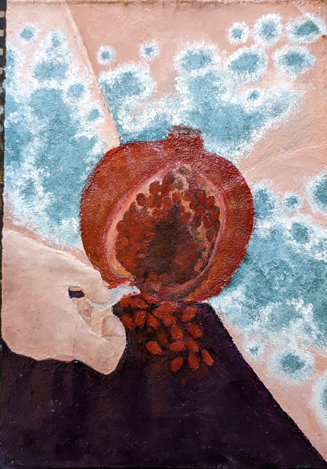 a close up painting of a pomegranate with it's seeds exposed and a hand beside it, the background is made of blue, white, and pink colors that resemble a cloud or sky.  the pomegranate is in the center of the image, with the hand reaching towards it. the seeds are a reddish brown color, and the hand is a pale pink color. the background is a soft blue and white, which gives the painting a dreamlike feel.