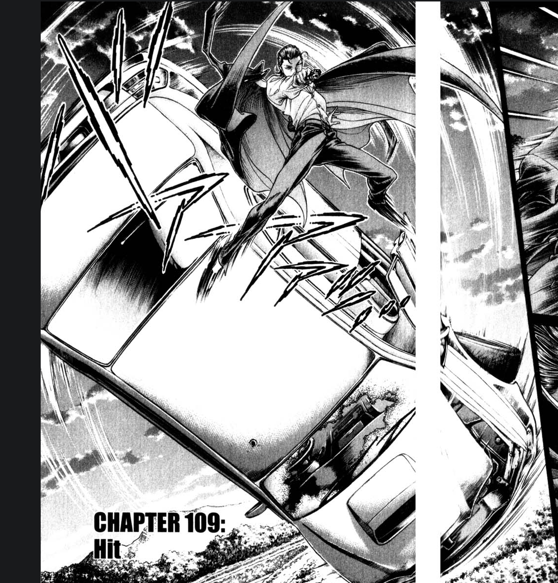 a black and white manga page depicting a dramatic action scene. a man in a long coat appears to be attacking or landing on a car that's spinning out of control. the perspective is skewed to emphasize the speed and impact of the action. the text
