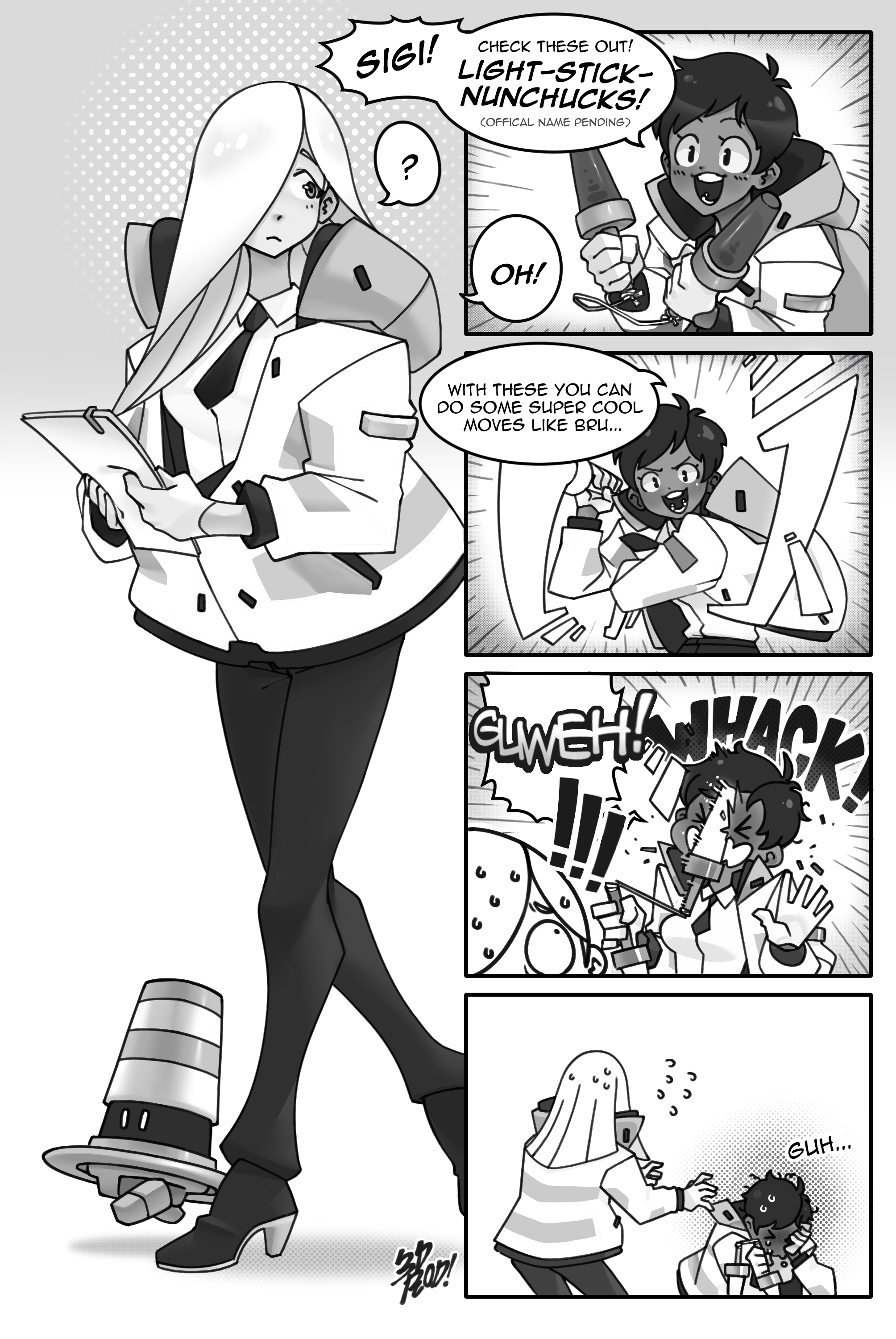 the comic image depicts a humorous scene involving a group of anime characters, specifically a female character named sigi, who is wielding a new weapon known as lightstick nunchacks. the comic panel suggests that these weapons are capable of executing powerful and cool moves. the scene portrays the characters' reactions and movements in a stylized fashion.  the image is drawn in black and white, using thick lines for contrast. the overall style of the art is energetic and dynamic.