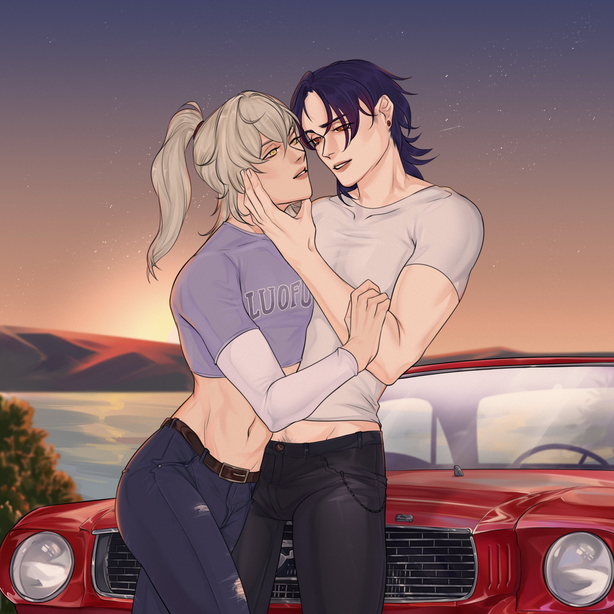 a young animestyled man with purple hair is embracing a young woman with silver hair and a cute, cropped top. the man is wearing glasses and smiling. the woman is also smiling and looking at the man. they are standing by a red car. it seems they are on a date and having a good time.