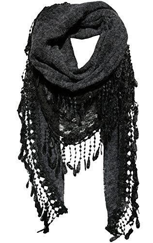 a black knitted scarf with lace and fringe details is displayed against a white background. the scarf is draped in a way that creates a loop at the top, and the lace and fringe adorn the edges of the scarf, adding texture and visual interest. the knit appears soft and possibly warm.