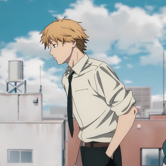 this is an anime image of a young man with blond hair, wearing a white shirt and black tie, standing on a rooftop with a city backdrop. he has a pensive expression on his face and is looking off to the side. the sky is bright blue with some clouds. the overall palette is light and airy, with a focus on blues and whites.