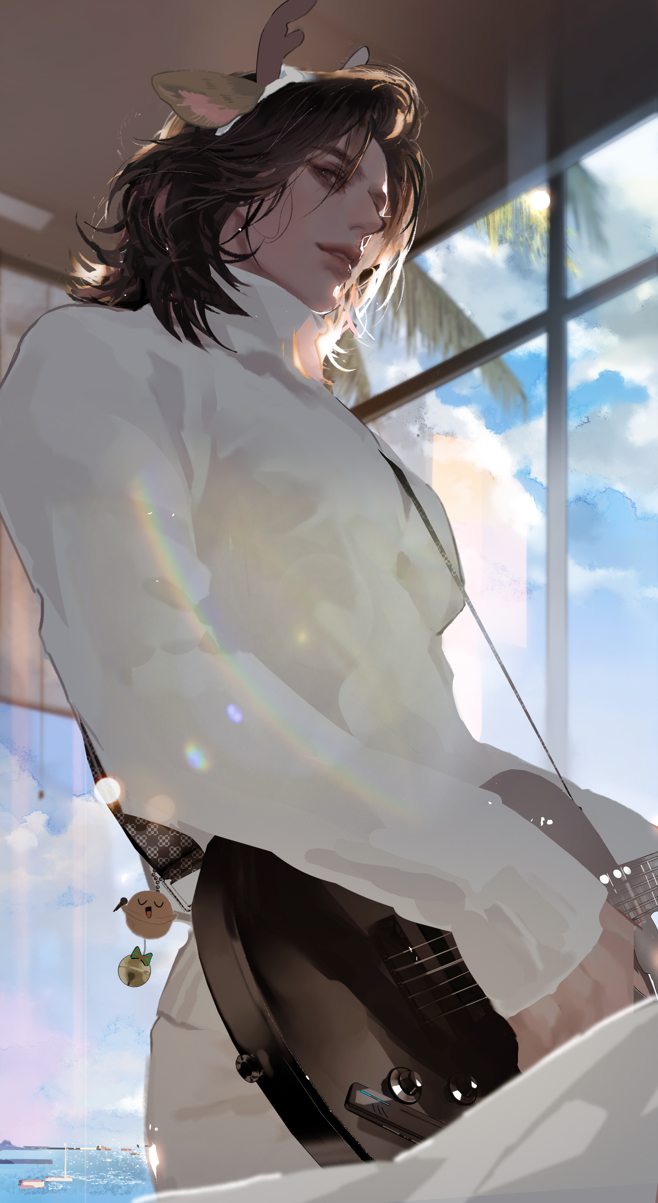the image features a longhaired man wearing a white shirt and a reindeer antler headband, standing in a bedroom. he is holding a black electric guitar. there is a window behind him that reveals a bright, sunny view of a beach and ocean. the lighting suggests it is daytime and the sun is shining through the window, creating a bright and airy atmosphere. the perspective is from a low angle, making the man appear taller and giving a sense of grandeur to the scene.