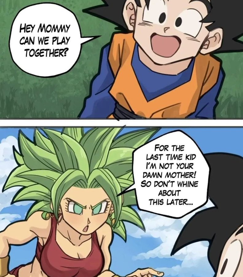 this is an image of goku from dragon ball z, he's asking his mother to play with him.