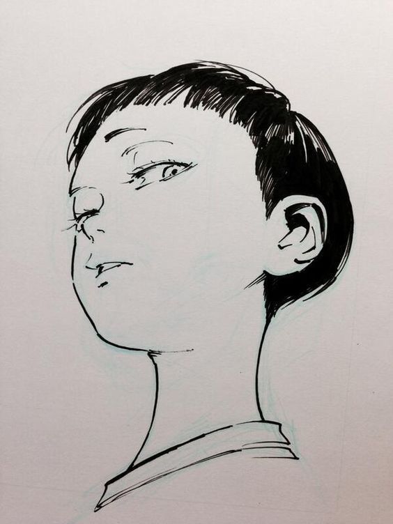 a black and white ink drawing of a woman's head and shoulders in a manga style. she has short hair with bangs and is looking up.