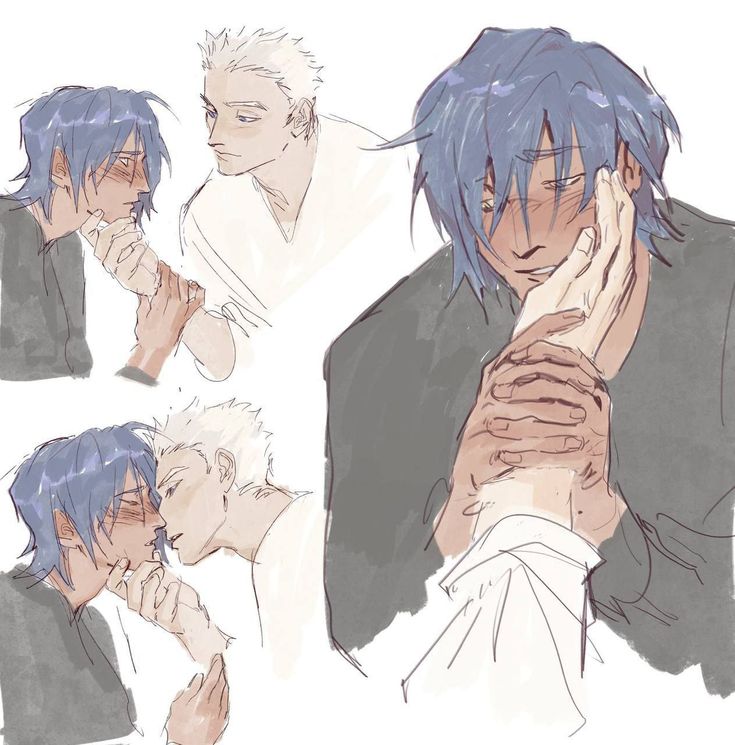 the image is an artistic sketch depicting two men in affectionate poses. in the upper left, one man with dark blue hair is holding the hand of a man with white hair, looking at him tenderly. the lower left shows the same two men kissing. on the right, a larger sketch depicts the bluehaired man holding the whitehaired man's hand against his face, appearing emotional and tender. the style is loose and sketchy, focusing on the connection and intimacy between the two men. the overall impression is one of love and tenderness, with the sketches capturing various moments of affection between the two characters.